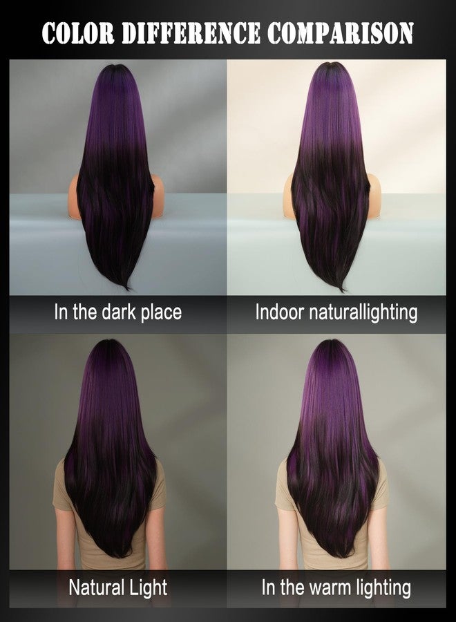 7JHH WIGS Long Straight Purple Synthetic Wig with Bangs 25inch Layered Hair Tail Dye Black Heart Resistant Synthetic Fiber Natural Looking Wigs for Women Party Cospaly and Daily Used - Image 5